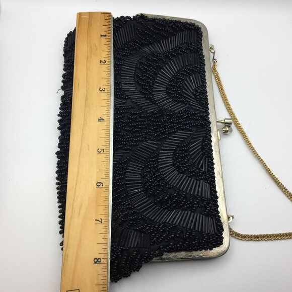 Vintage Handmade Hong Kong Black Silk Beaded Purse Prom Evening Bag Gold Chain - Picture 7 of 10